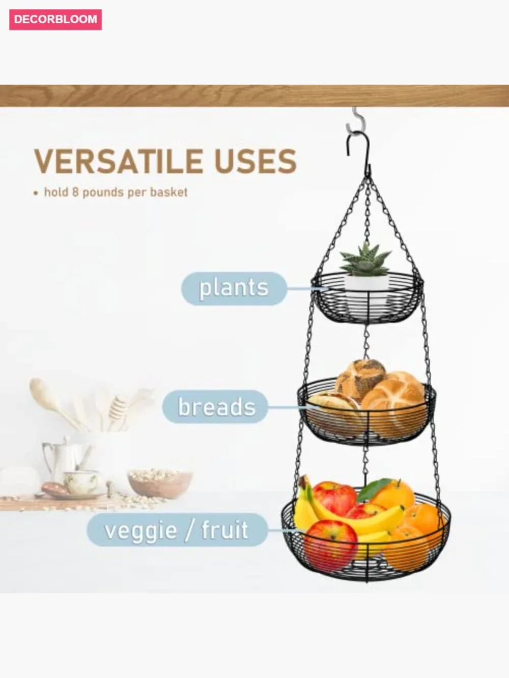 3-Tier Hanging Basket Kitchen Fruit Organizer Heavy Duty Wire, 30in